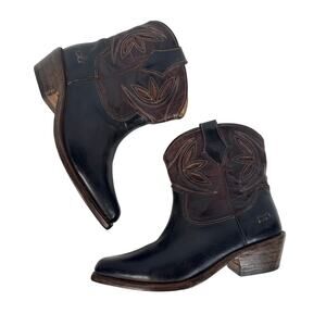 BedStu Western Ankle Boot Womens 6 Black Leather Teak Rustic Inlays Pull On